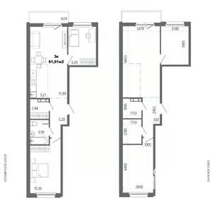3-к квартира, строящийся дом, 61м2, 4/14 этаж