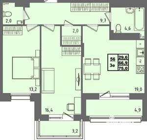 2-к квартира, вторичка, 75м2, 2/4 этаж