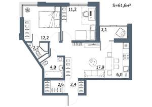 3-к квартира, строящийся дом, 62м2, 2/7 этаж