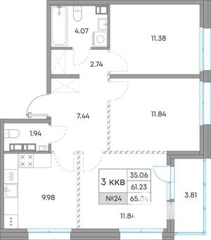 3-к квартира, вторичка, 65м2, 6/7 этаж