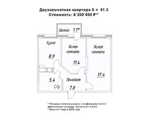 2-к квартира, строящийся дом, 51м2, 6/16 этаж