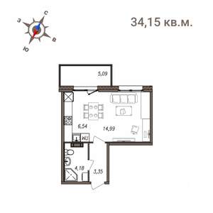 1-к квартира, строящийся дом, 34м2, 1/4 этаж