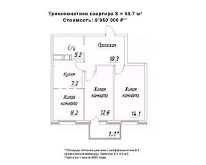 3-к квартира, строящийся дом, 59м2, 12/16 этаж