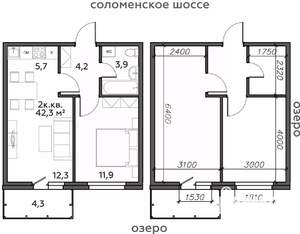 2-к квартира, строящийся дом, 42м2, 21/25 этаж