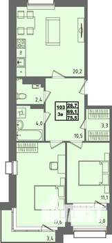 3-к квартира, строящийся дом, 76м2, 2/4 этаж