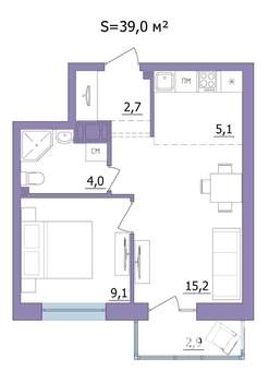 2-к квартира, строящийся дом, 39м2, 10/23 этаж