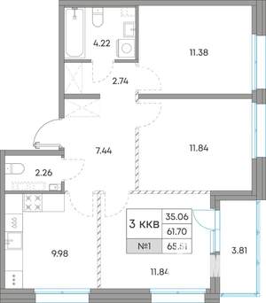 3-к квартира, вторичка, 66м2, 2/7 этаж