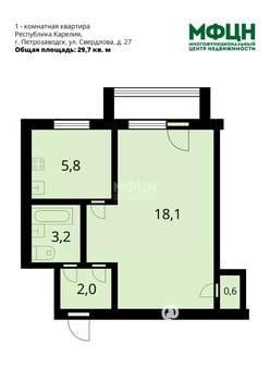 1-к квартира, вторичка, 30м2, 3/5 этаж
