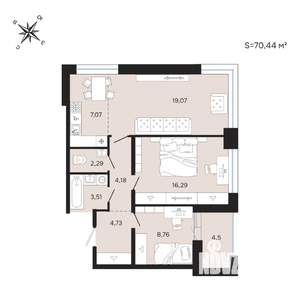 3-к квартира, строящийся дом, 70м2, 16/25 этаж