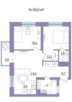 3-к квартира, строящийся дом, 55м2, 3/23 этаж