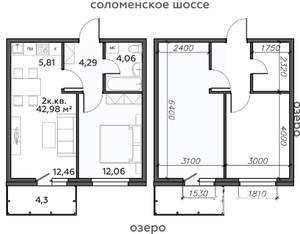 2-к квартира, строящийся дом, 43м2, 5/21 этаж