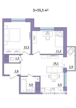 3-к квартира, строящийся дом, 56м2, 14/23 этаж