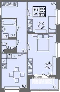 2-к квартира, строящийся дом, 61м2, 3/4 этаж