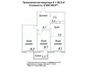 3-к квартира, строящийся дом, 57м2, 5/16 этаж