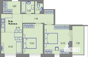 3-к квартира, вторичка, 74м2, 2/4 этаж