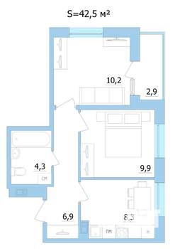 2-к квартира, строящийся дом, 43м2, 3/9 этаж