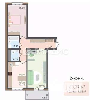 2-к квартира, вторичка, 68м2, 4/9 этаж
