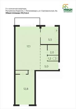 2-к квартира, вторичка, 44м2, 5/5 этаж