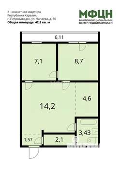 3-к квартира, вторичка, 43м2, 7/25 этаж
