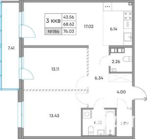 3-к квартира, вторичка, 76м2, 6/7 этаж