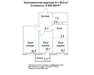 3-к квартира, строящийся дом, 57м2, 15/16 этаж