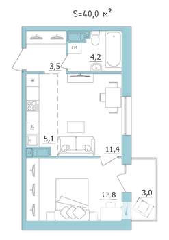 2-к квартира, строящийся дом, 40м2, 24/24 этаж