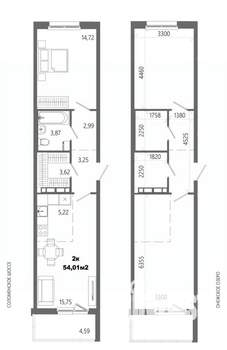 2-к квартира, строящийся дом, 54м2, 9/14 этаж