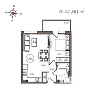 2-к квартира, строящийся дом, 43м2, 8/9 этаж