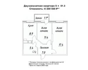 2-к квартира, строящийся дом, 51м2, 3/16 этаж
