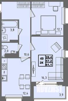 2-к квартира, строящийся дом, 61м2, 3/4 этаж