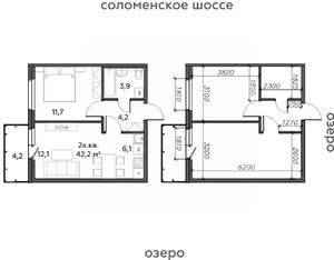 2-к квартира, строящийся дом, 42м2, 21/25 этаж