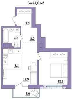 2-к квартира, строящийся дом, 44м2, 22/23 этаж