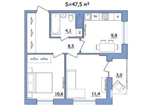 2-к квартира, строящийся дом, 48м2, 14/19 этаж