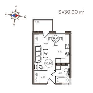 1-к квартира, строящийся дом, 31м2, 6/9 этаж