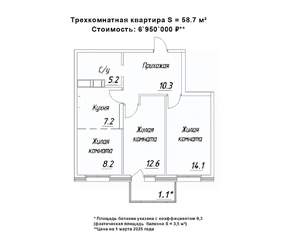 3-к квартира, строящийся дом, 59м2, 6/16 этаж