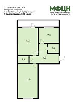 2-к квартира, вторичка, 53м2, 4/9 этаж