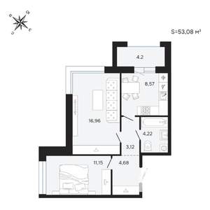 2-к квартира, вторичка, 53м2, 24/25 этаж