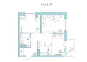3-к квартира, строящийся дом, 49м2, 10/24 этаж