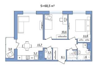 2-к квартира, строящийся дом, 40м2, 15/19 этаж